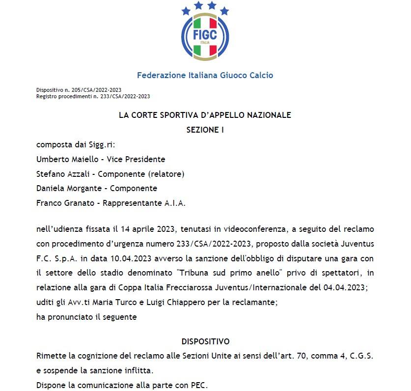 Documento sospensione squalifica Allianz