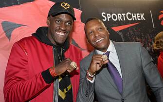 TORONTO, CANADA - OCTOBER 22: President Masai Ujiri, and Pascal Siakam #43 of the Toronto Raptors pose for a photo with their Championship Ring after the game against the New Orleans Pelicans on October 22, 2019 at the Scotiabank Arena in Toronto, Ontario, Canada. NOTE TO USER: User expressly acknowledges and agrees that, by downloading and or using this Photograph, user is consenting to the terms and conditions of the Getty Images License Agreement.  Mandatory Copyright Notice: Copyright 2019 NBAE (Photo by David Dow/NBAE via Getty Images)