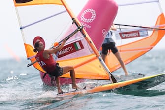 FUJISAWA, JAPAN - JULY 26: Marta Maggetti of Team Italy competes in the Women's RS:X windsurf class on day three of the Tokyo 2020 Olympic Games at Enoshima Yacht Harbour on July 26, 2021 in Fujisawa, Kanagawa, Japan. (Photo by Phil Walter/Getty Images)