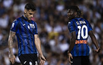 OROGEL STADIUM DINO MANUZZI, CESENA, ITALY - 2023/08/12: Gianluca Scamacca (L) and El Bilal Toure of Atalanta BC are seen during the friendly football match between Juventus FC and Atalanta BC. The match ended 0-0 tie. (Photo by NicolÃ² Campo/LightRocket via Getty Images)