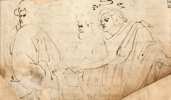 Peter Paul Rubens, Three men in classical robes (recto), Draft letter about a commission for a painting by Eleonora de’ Medici (verso), 1607, pen and brown ink on paper, Rubenshuis. Photo: courtesy Rubenshuis 