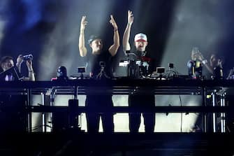 INDIO, CALIFORNIA - APRIL 19: (FOR EDITORIAL USE ONLY) (L-R) John Summit and Dom Dolla of Everything Always perform at the Outdoor Theatre during the 2 during the 2024 Coachella Valley Music and Arts Festival at Empire Polo Club on April 19, 2024 in Indio, California. (Photo by Arturo Holmes/Getty Images for Coachella)