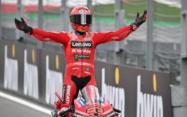 Ducati Lenovo team's Spanish rider Marc Marquez celebrates after winning the Austrian MotoGP Grand Prix at the Red Bull Ring race track in Spielberg, Austria, on August 17, 2025. (Photo by Jure Makovec / AFP) (Photo by JURE MAKOVEC/AFP via Getty Images)          