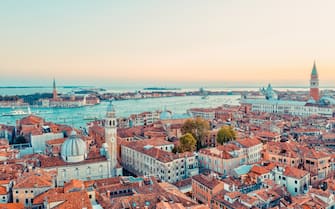 An elevated daytime view of the Italian city of Venice