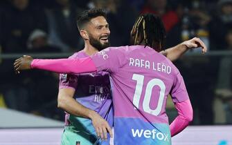 Olivier Giroud of Milan celebrates with Rafael Leao after scoring 0-1 goal by header during the Serie A soccer match between Frosinone Calcio and AC Milan at Benito Stirpe stadium in Frosinone, Italy, 3 February 2024. ANSA/FEDERICO PROIETTI