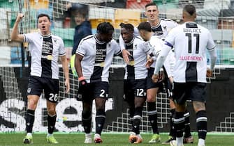 Udinese s Hassane Kamara (C) jubilates with his teammates after scoring the goal during the Italian Serie A soccer match Udinese Calcio vs US Salernitana at the Friuli - Dacia Arena stadium in Udine, Italy, 2 March 2024. ANSA / GABRIELE MENIS