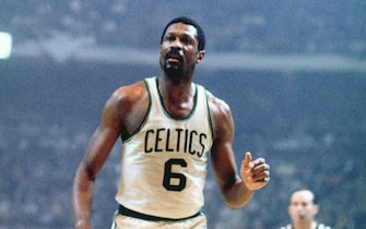 BOSTON - 1968:  Bill Russell #6 of the Boston Celtics looks on during a game played in 1968 at the Boston Garden in Boston, Massachusetts. NOTE TO USER: User expressly acknowledges and agrees that, by downloading and or using this photograph, User is consenting to the terms and conditions of the Getty Images License Agreement. Mandatory Copyright Notice: Copyright 1968 NBAE (Photo by Dick Raphael/NBAE via Getty Images)