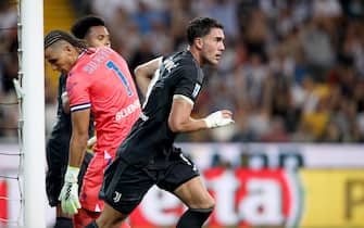 Juventus Dusan Vlahovic jubilates after scoring the goal during the Italian Serie A soccer match Udinese Calcio vs Juventus FC at the Friuli - Dacia Arena stadium in Udine, Italy, 20 August 2023. ANSA / GABRIELE MENIS