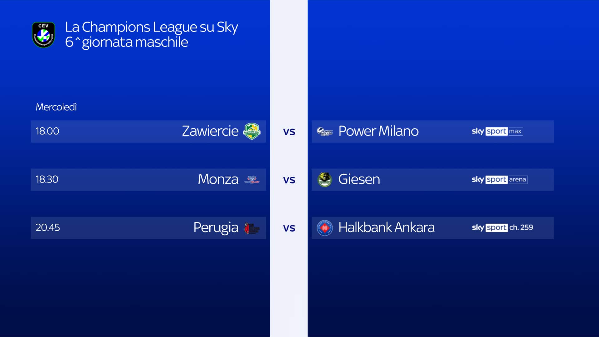 Cev, Champions League volley maschile partite 6^ giornata su Sky e Now