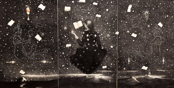 Omar Galliani, L’eco della Sibilla, 2026, matita nera su tavola di pioppo, trittico, 300x600 cm. Foto Ignacio Maria Coccia