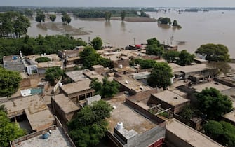 This picture shows an aerial view of the flood affected area of Chanda Singh Wala village in Kasur district on August 22, 2023. Around 100,000 people have been evacuated from flooded villages in Pakistan's Punjab province, an emergency services representative said on August 23. (Photo by Arif ALI / AFP) (Photo by ARIF ALI/AFP via Getty Images)