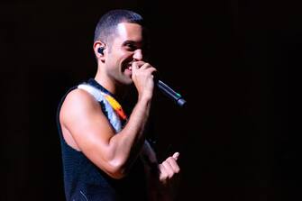 Mahmood performing on stage  during  Mahmood - Ghettolimpo Summer Tour 2022, Italian singer Music Concert in San Severino Marche, Italy, July 15 2022