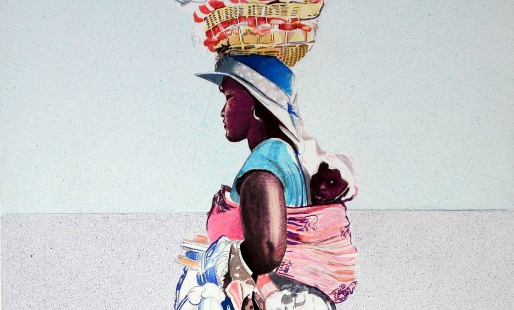 Edoardo Bennato, Donna con cesta, 2015. Tecnica mista su tela, 85x60 cmq