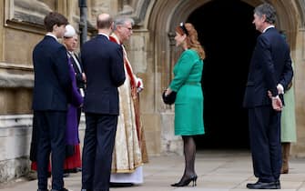 WINDSOR, ENGLAND - MARCH 31: Sarah Ferguson, Sophie, Duchess of Edinburgh, Prince Edward, Duke of Edinburgh, James, Earl of Wessex and Vice Admiral Timothy Laurence arrive to attend the Easter Mattins Service at Windsor Castle on March 31, 2024 in Windsor, England. (Photo by Hollie Adams - WPA Pool/Getty Images)