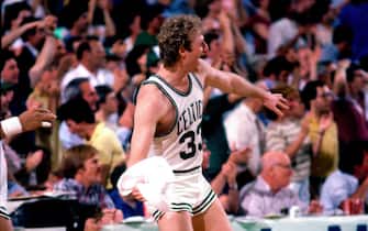 BOSTON - 1984:  Larry Bird #33 of the Boston Celtics celebrates during a game circa 1984 at the Boston Garden in Boston, Massachusetts.  NOTE TO USER: User expressly acknowledges and agrees that, by downloading and/or using this Photograph, user is consenting to the terms and conditions of the Getty Images License Agreement.  Mandatory Copyright Notice: Copyright 1984 NBAE (Photo by Dick Raphael/NBAE via Getty Images)