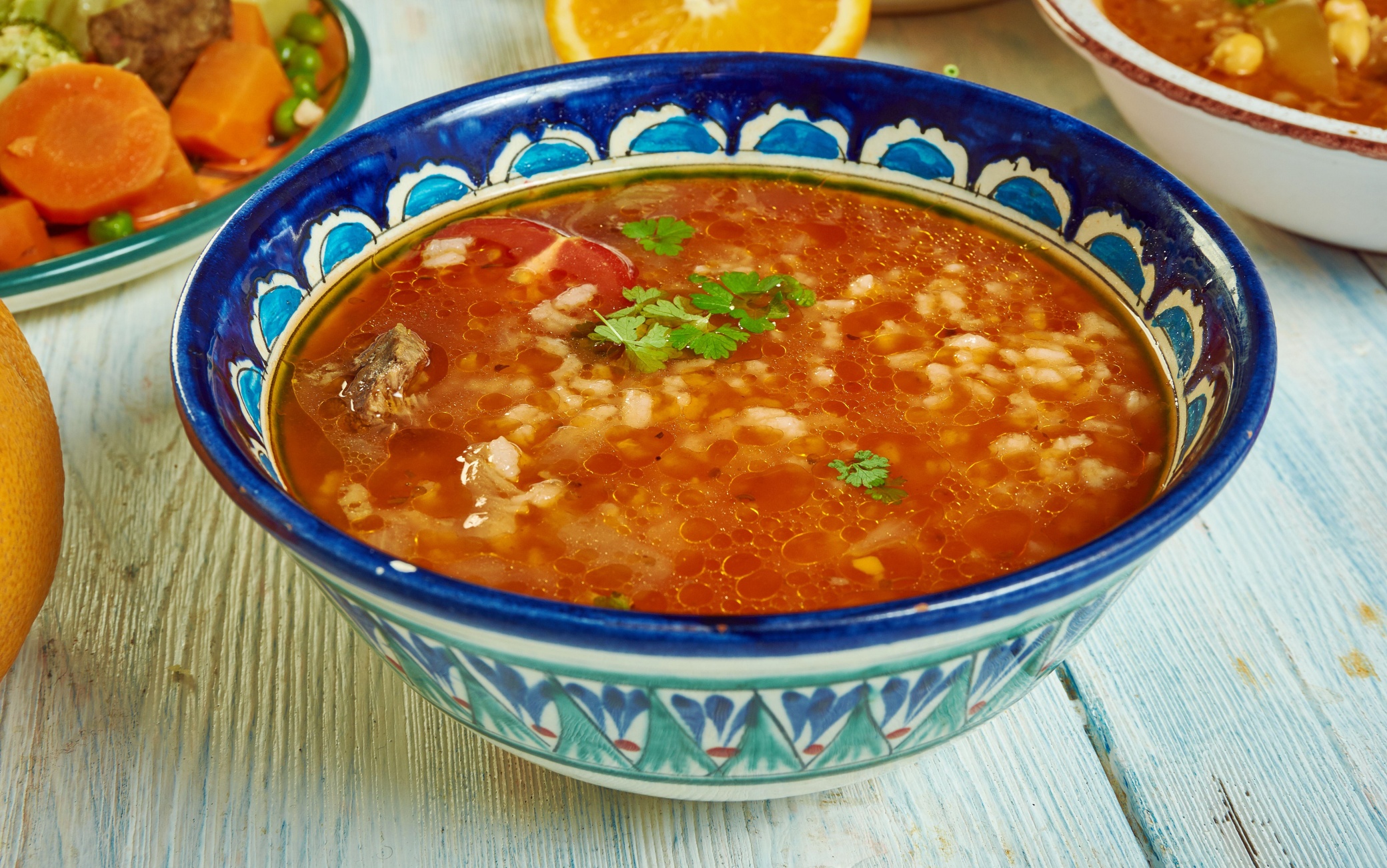 Chorba Frik -  traditional soup, Algerian cuisine, Traditional assorted Mediterranean dishes, Top view.
