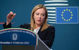 BRUSSELS, BELGIUM - FEBRUARY 10: Italian Prime Minister Giorgia Meloni is talking to media at the end of an European Union leaders summit at the European Council headquarters on February 10, 2023 in Brussels, Belgium. Italian Prime Minister declares: 'I held this press conference and I am very happy with the results obtained by Italy in this European Council. We have made progress. Zelensky had an important presence on the Ukrainian affair and the image of compactness I think was an important signal. At the European Council on the Ukrainian affair, there is confirmation of full support for the Ukrainian cause and the Ukrainian people'. (Photo by Thierry Monasse/Getty Images)