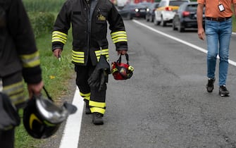 Photo LaPresse/ Matteo Secci - 16/09/2023 San Francesco al Campo (Italia) - Cronaca - Schianto del velivolo Freccia tricolore presso Aereoporto Sandro Pertini. Nell\'immagine: Scena dell\'incidente. 16th september 2023 San Francesco al Campo (Italy) - Crash of Freccia Tricolore Plane . In the picture: Scene of the crash.