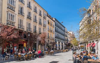 Sidewalk cafes and bars on Plaza de Tirso de Molina, La Latina / Lavapies district, Madrid, Spain