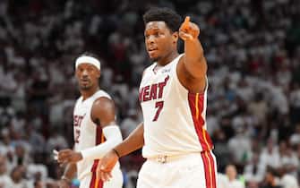 MIAMI, FL - MAY 29: Kyle Lowry #7 of the Miami Heat looks on during Game 7 of the 2022 NBA Playoffs Eastern Conference Finals on May 29, 2022 at FTX Arena in Miami, Florida. NOTE TO USER: User expressly acknowledges and agrees that, by downloading and or using this Photograph, user is consenting to the terms and conditions of the Getty Images License Agreement. Mandatory Copyright Notice: Copyright 2022 NBAE (Photo by Jesse D. Garrabrant/NBAE via Getty Images)