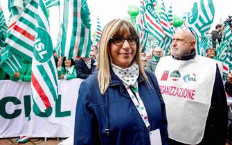 La segretaria confederale Cisl Daniela Fumarola partecipa alla manifestazione unitaria di Cigl, Cisl e Uil "Per una nuova stagione del lavoro e dei diritti" a Milano, 13 maggio 2023.ANSA/MOURAD BALTI TOUATI

