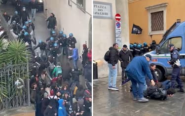 Cariche della polizia in mattinata nel centro di Pisa durante il corteo studentesco che voleva raggiungere piazza dei Cavalieri. I poliziotti schierati a protezione di uno degli accessi alla piazza hanno caricato gli studenti che stavo cercando di oltrepassare lo sbarramento, 22 Febbraio 2024. ANSA