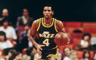 ATLANTA - 1985: Adrian Dantley #4 of the Utah Jazz dribbles against the Atlanta Hawks circa 1985 at the Omni in Atlanta, Georgia. NOTE TO USER: User expressly acknowledges and agrees that, by downloading and or using this photograph, User is consenting to the terms and conditions of the Getty Images License Agreement. Mandatory Copyright Notice: Copyright 1985 NBAE (Photo by Scott Cunningham/NBAE via Getty Images)