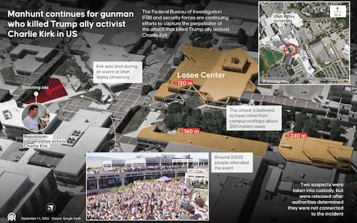 ANKARA, TURKIYE - SEPTEMBER 11: An infographic titled "Manhunt continues for gunman who killed Trump ally activist Charlie Kirk in US" created in Ankara, Turkiye on September 11, 2025. The Federal Bureau of Investigation (FBI) and security forces are continuing efforts to capture the perpetrator of the attack that killed Trump ally activist Charlie Kirk. (Photo by Kadri Suat Celik/Anadolu via Getty Images)