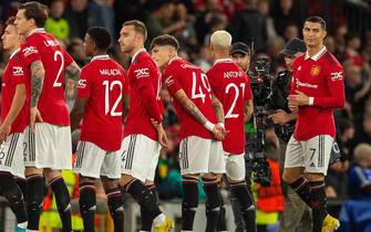 epa10269938 Manchester United's Cristiano Ronaldo lines up with his teammates before the UEFA Europa League group E soccer match between Manchester United and Sheriff Tiraspol, in Manchester, Britain, 27 October 2022.  EPA/PETER POWELL .