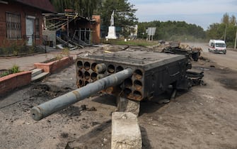 Parts of the Russian TOS-1 Buratino thermobaric multiple rocket system on the street in Izium, Kharkiv region, Ukraine. September 30, 2022 (Photo by Maxym Marusenko/NurPhoto via Getty Images)