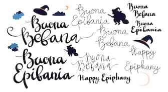 Buona Befana Happy Epifania greeting card template set with handwritten lettering, old witch flying on a broom in the night to bring presents. Vector illustration. Phrase translation: Happy Epiphany