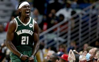 NEW ORLEANS, LOUISIANA - DECEMBER 17: Jrue Holiday #21 of the Milwaukee Bucks reacts after missing a game winning shot during a the fourth quarter of a NBA game against the New Orleans Pelicans at Smoothie King Center on December 17, 2021 in New Orleans, Louisiana. NOTE TO USER: User expressly acknowledges and agrees that, by downloading and or using this photograph, User is consenting to the terms and conditions of the Getty Images License Agreement. (Photo by Sean Gardner/Getty Images)