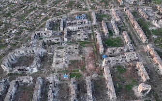 BAKHMUT, UKRAINE - JUNE 1: In an aerial view, destruction in the city of Bakhmut can be seen after hostilities on June 1, 2023 in Bakhmut, Ukraine. Bakhmut and its surroundings continue to be places of most fierce fighting since the beginning of the full-scale Russian invasion. (Photo by Yan Dobronosov/Global Images Ukraine via Getty Images)