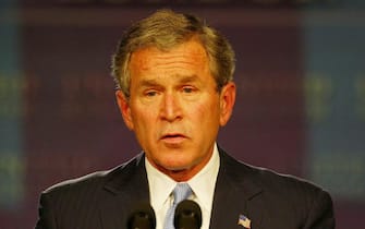 US President George W.  Bush during his address in London's Banqueting House, Wednesday 19 November 2003, as he declared that the British and American peoples were united in an 'alliance of values'. Bush recalled the idealism of his predecessor Woodrow Wilson, the last US President to stay at Buckingham Palace, whose appeals for global justice in the wake of the First World War led to the creation of the League of Nations.  EPA/Russell Boyce/POOL  