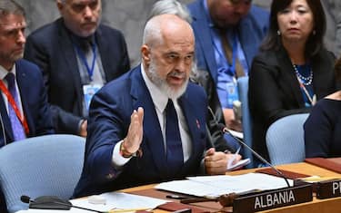 Albanian Prime Minister Edi Rama speaks during a high level Security Council meeting on the situation in Ukraine on the sidelines of the 78th UN General Assembly, at UN headquarters in New York City on September 20, 2023. (Photo by ANGELA WEISS / AFP) (Photo by ANGELA WEISS/AFP via Getty Images)