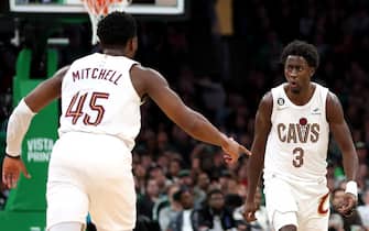 BOSTON, MASSACHUSETTS - OCTOBER 28: Donovan Mitchell #45 of the Cleveland Cavaliers celebrates with Caris LeVert #3 after scoring against the Boston Celtics qduring the second half at TD Garden on October 28, 2022 in Boston, Massachusetts. NOTE TO USER: User expressly acknowledges and agrees that, by downloading and or using this photograph, User is consenting to the terms and conditions of the Getty Images License Agreement.  (Photo by Maddie Meyer/Getty Images)