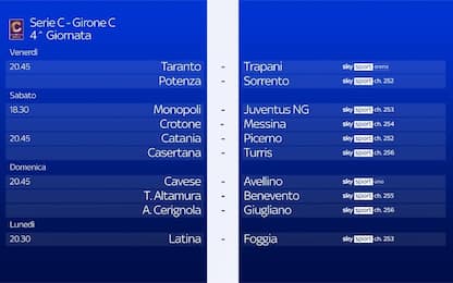 Serie C, le gare della 4^ giornata su Sky