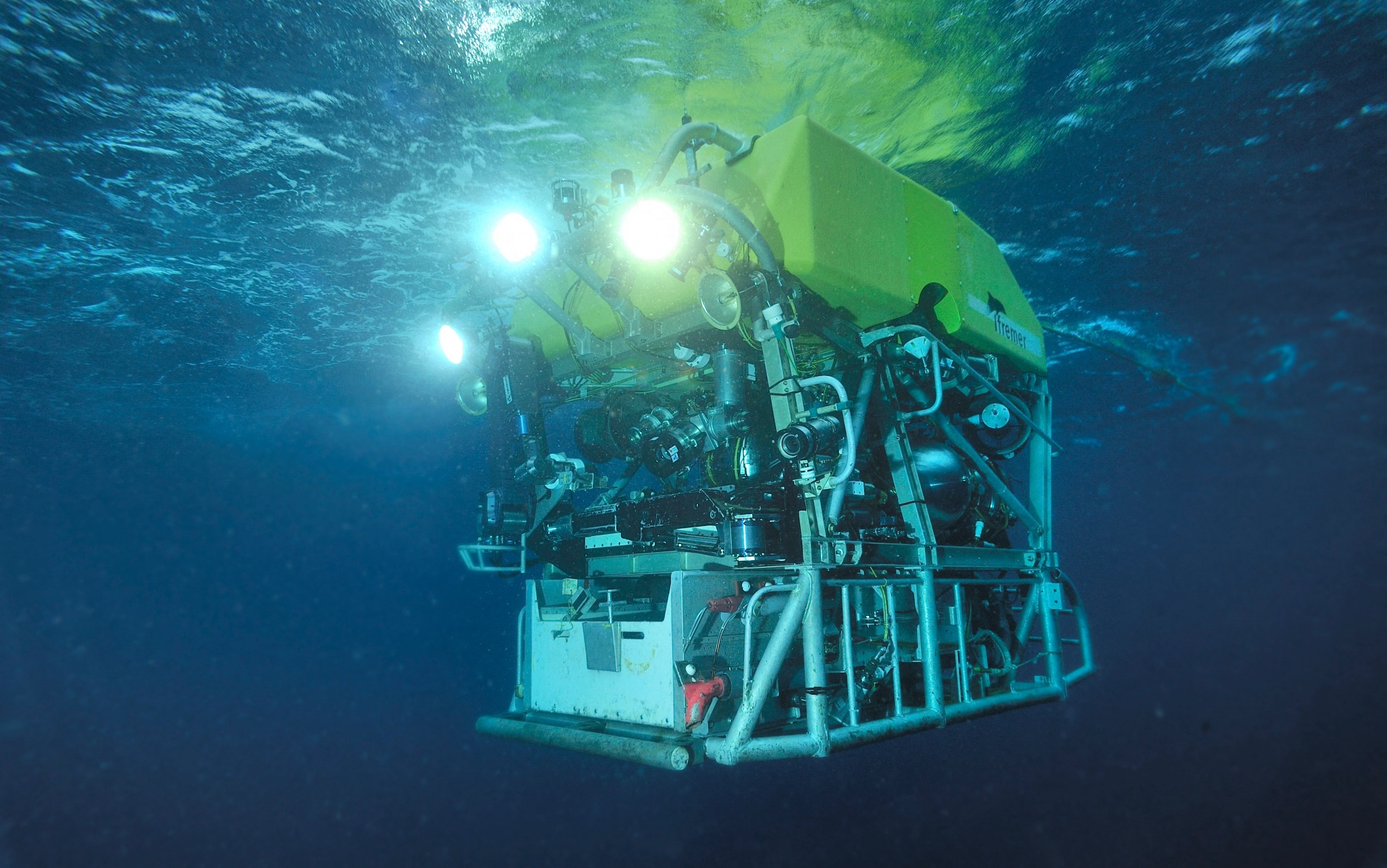 Handout photo of Ifremer French deep-sea diving robot Victor 6000 launched by Atalante ship seen here in July 2009. Deep-sea diving robot Victor 6000 will help the search-and-rescue operation for the disappeared submersible Titan on the site of the Titanic wreckage. Photo by Olivier Dugornay/IFREMER via ABACAPRESS.COM