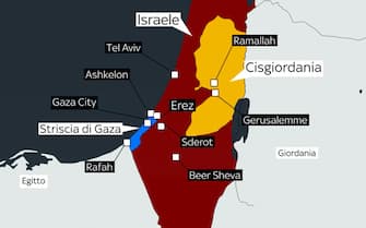 Mappa di Israele e Palestina, con indicate la Striscia di Gaza e la Cisgiordania