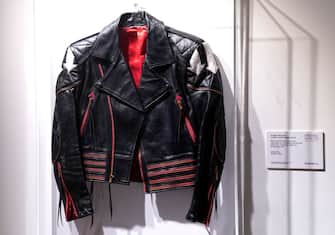 The arrow leather stage jacket worn by British singer-songwriter Freddie Mercury for Queen's first and only appearance on 'Saturday Night Live' on September 25 1982, is displayed during the media preview for "Freddie Mercury: A World of His Own: The Evening Sale" at Sotheby's in New York City on June 1, 2023. More than 1,500 items from Mercury's private collection, including costumes and unique objects as well as the draft lyrics, will feature in the eventual auctions on September 6-8 in London and online August 4-September 11. The auction is expected to fetch at least Â£6 million ($7.5 million). (Photo by TIMOTHY A. CLARY / AFP) (Photo by TIMOTHY A. CLARY/AFP via Getty Images)