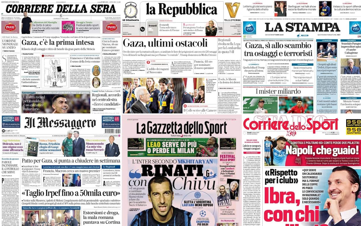 Le prime pagine dei quotidiani di oggi 9 ottobre: la rassegna stampa Le prime pagine dei quotidiani di oggi 9 ottobre: la rassegna stampa