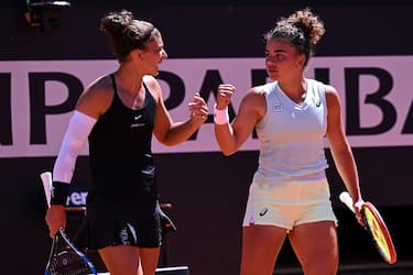 ROME, ITALY - MAY 17:  Errani Sara (L) and Paolini Jasmine both of Italy celebrate victory against Caroline Dolehide and Desirae Krawczyk both of USA during the Women's Doubles Semifinals on Day Twelve of the Internazionali BNL D'Italia 2024 at Foro Italico on May 17, 2024 in Rome, Italy. (Photo by Mike Hewitt/Getty Images)