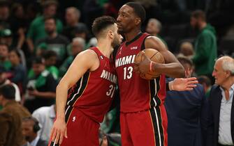 BOSTON, MASSACHUSETTS - MAY 17: Max Strus #31 speaks with Bam Adebayo #13 of the Miami Heat after defeating the Boston Celtics in game one of the Eastern Conference Finals at TD Garden on May 17, 2023 in Boston, Massachusetts. The Heat defeated the Celtics 123-116. NOTE TO USER: User expressly acknowledges and agrees that, by downloading and or using this photograph, User is consenting to the terms and conditions of the Getty Images License Agreement. (Photo by Adam Glanzman/Getty Images)