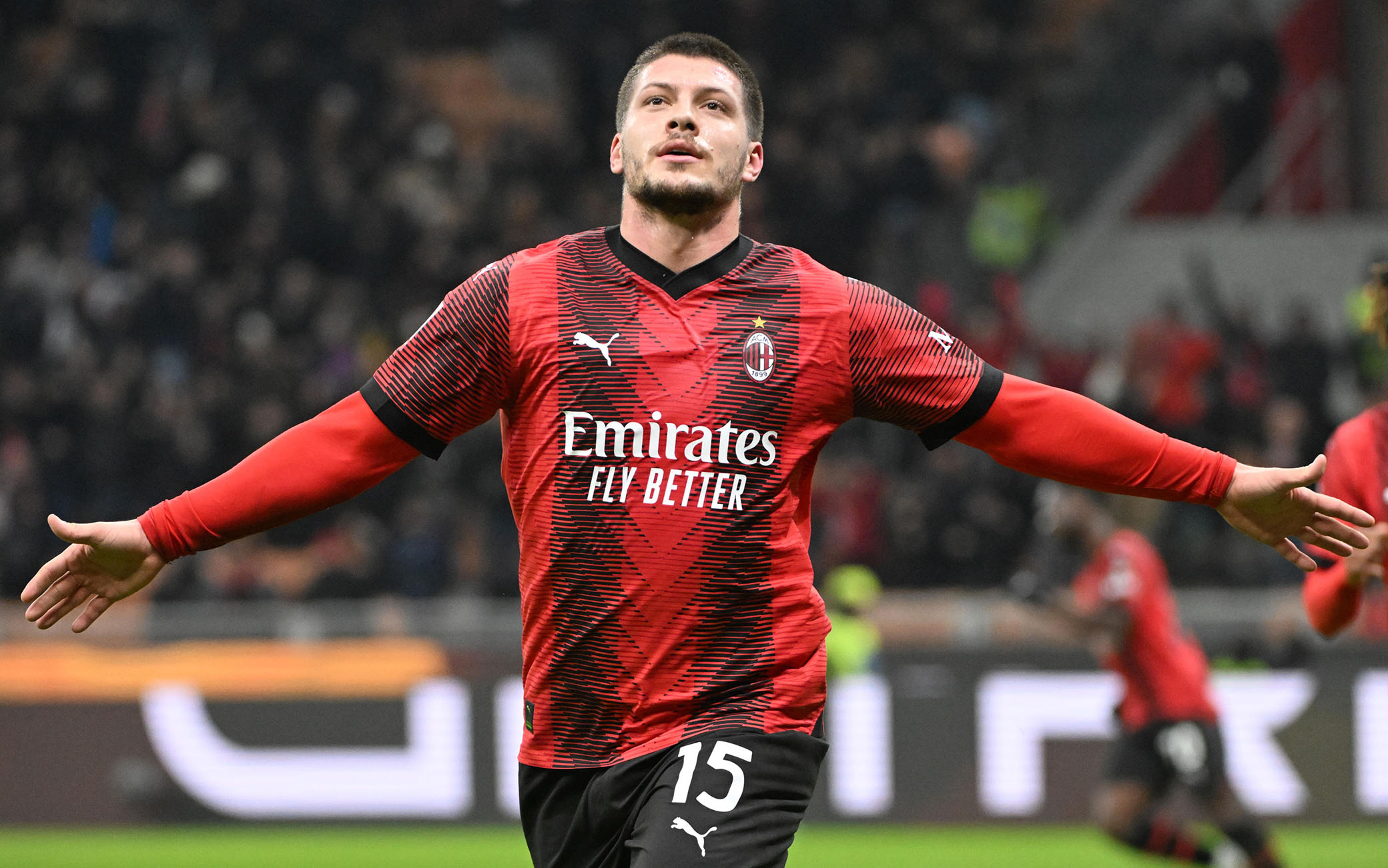 AC Milan’s forward Luka Jovic celebrates after scoring during the Coppa Italia (Italy Cup) soccer match at the Giuseppe Meazza stadium in Milan, Italy, 02 January 2024. 
ANSA/DANIEL DAL ZENNARO