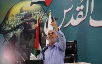 Yahya Sinwar, leader of the Palestinian Hamas movement's political speaks to media in Gaza City, on May 26, 2021. Hamas vowed today not to touch "a single cent" of international aid to rebuild Gaza following its war with Israel that ravaged the enclave it rules. Sinwar, promised "transparent and impartial" distribution of aid in the aftermath of the 11 days of deadly conflict. Photo by Ashraf Amra//APAIMAGES_APA017581/2105270834/Credit:Ashraf Amra  apaimages/SIPA/2105270842