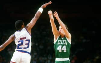 LANDOVER, MD - CIRCA 1987: Danny Ainge #44 of the Boston Celtics shoots over Charles Jones #23 of the Washington Bullets during an NBA basketball game circa 1987 at the Capital Centre in Landover, Maryland. Ainge played for the Celtics from 1981-89. (Photo by Focus on Sport/Getty Images) *** Local Caption *** Danny Ainge; Charles Jones