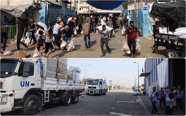 collage: assalto ai magazzini a Gaza e convogli Onu in arrivo