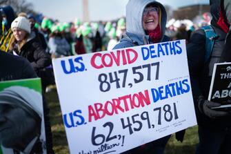 Washington, DC - January 21: Melanie Frei, 66, of Tomah Wisconsin holds a sign comparing covid deaths to abortion deaths. She says she is a civil rights activist for the unborn.
The March for Life Rally was held on the National Mall on Friday, January 21, 2022. The group then marched up Constitution Ave. to the steps of the U.S. Supreme Court. (Photo by Sarah L. Voisin/The Washington Post via Getty Images)