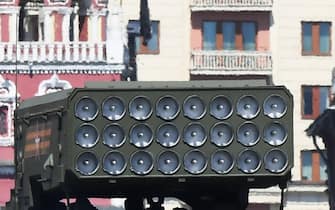 MOSCOW, RUSSIA - JUNE 24: TOS-1A Solntsepyok (Blazing Sun) multiple thermobaric rocket launcher drives during the Victory Day military parade in Red Square marking the 75th anniversary of the victory in World War II, on June 24, 2020 in Moscow, Russia. The 75th-anniversary marks the end of the Great Patriotic War when the Nazi's capitulated to the then Soviet Union.  (Photo by Iliya Pitalev - Host Photo Agency via Getty Images )