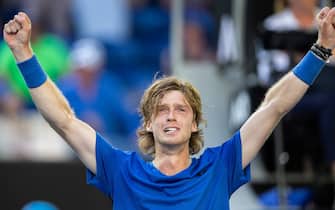 (230123) -- MELBOURNE, Jan. 23, 2023 (Xinhua) -- Andrey Rublev of Russia celebrates after the men's singles 4th round match against Holger Rune of Denmark at Australian Open in Melbourne Park, in Melbourne, Australia, Jan. 23, 2023. (Photo by Hu Jingchen/Xinhua) - Hu Jingchen -//CHINENOUVELLE_chinenouvelle.022/Credit:CHINE NOUVELLE/SIPA/2301231756/Credit:CHINE NOUVELLE/SIPA/2301231807